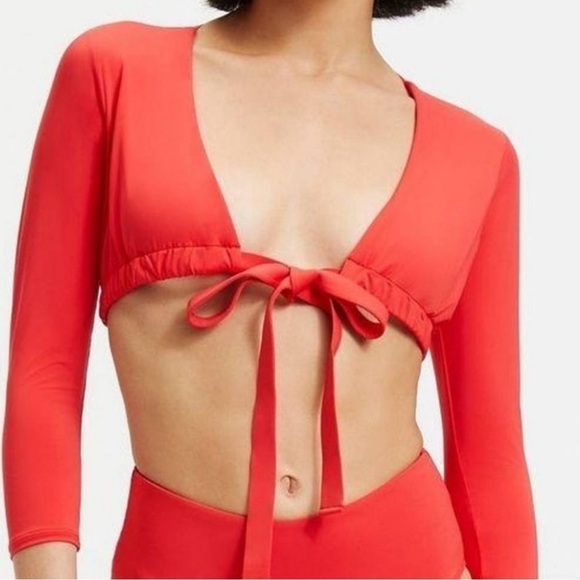 Good American Sexy Boost Tie Front Swim 3/4 Sleeve Top Bright Poppy Medium New - Picture 1 of 5